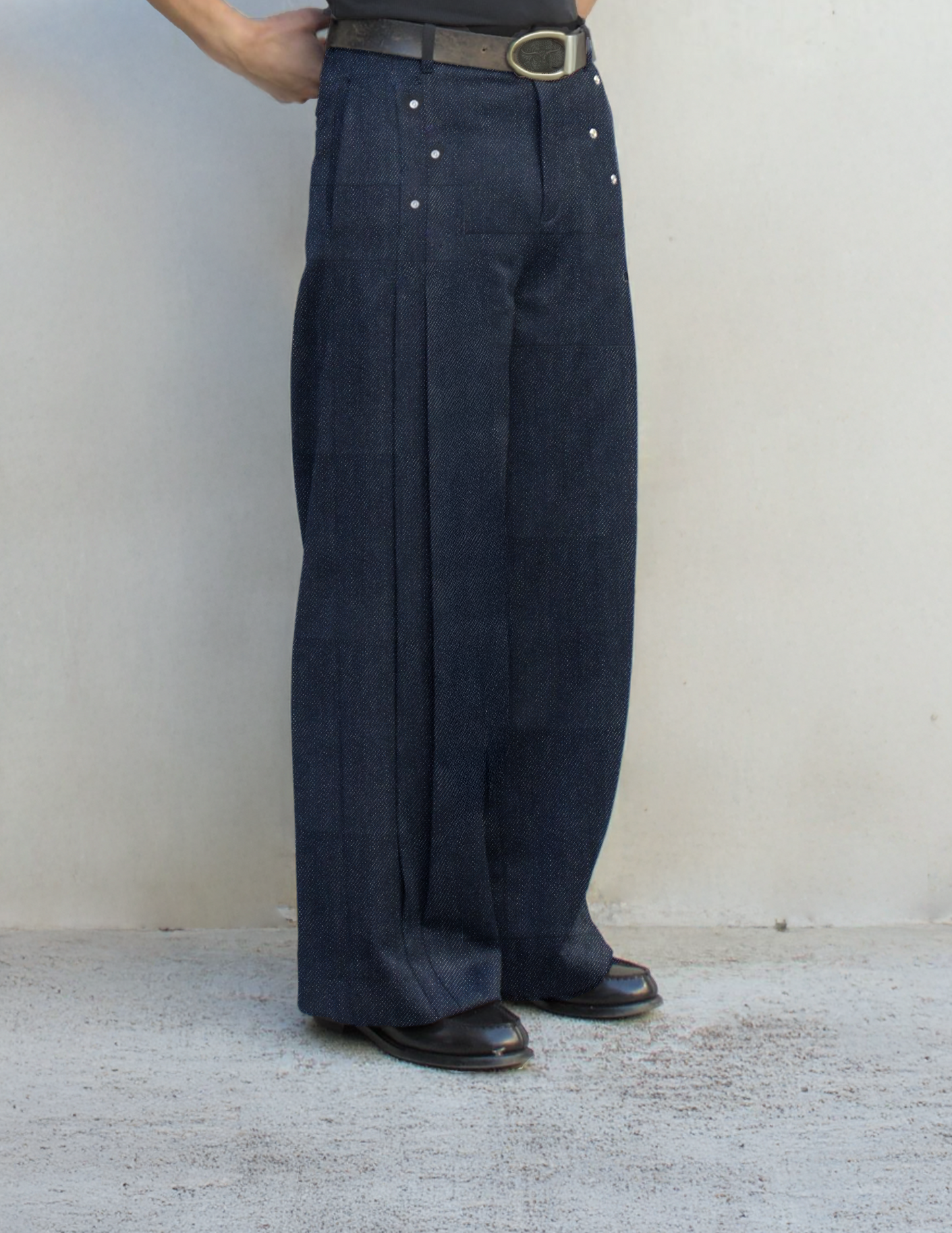DENIM PLEATED TROUSERS