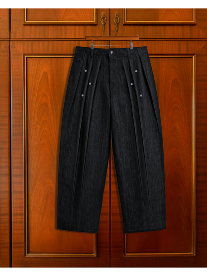 DENIM PLEATED TROUSERS - Black