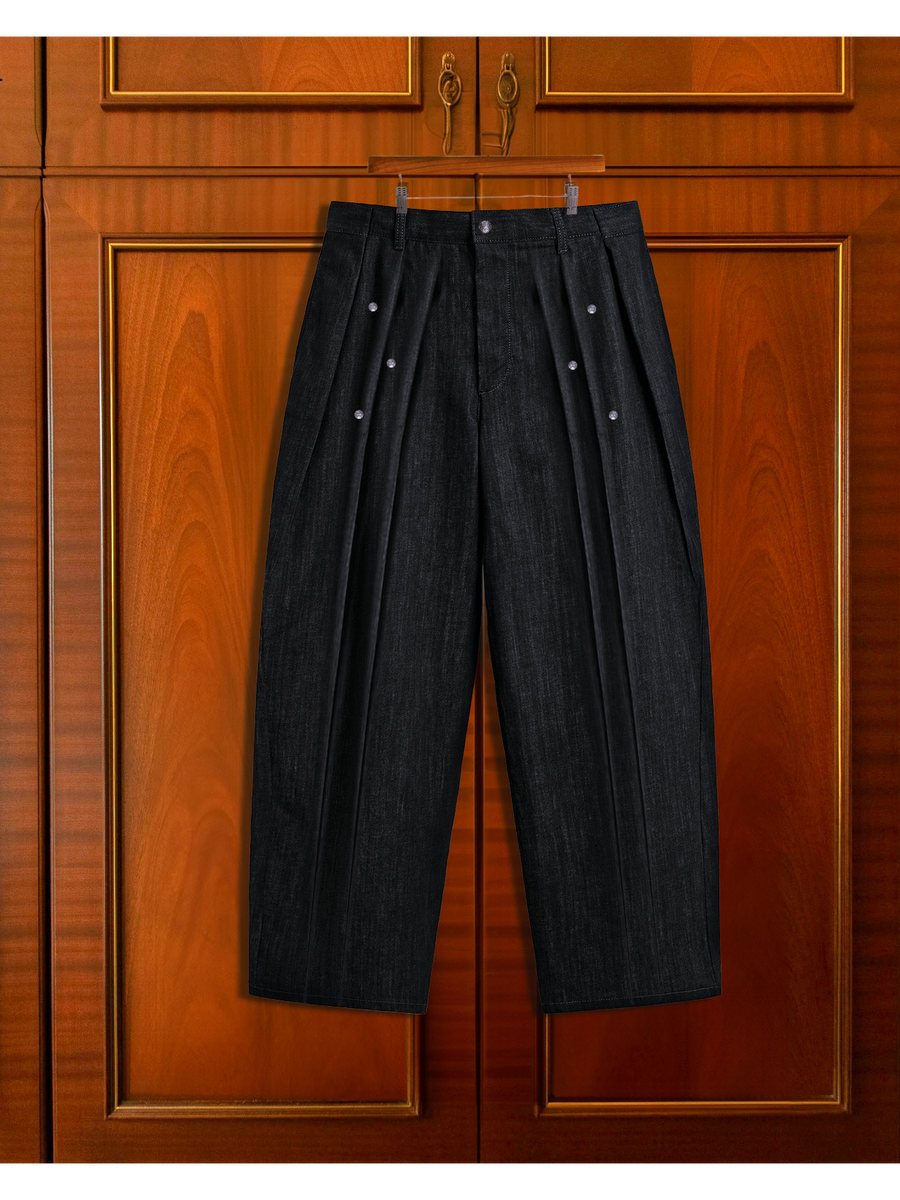 DENIM PLEATED TROUSERS - Black